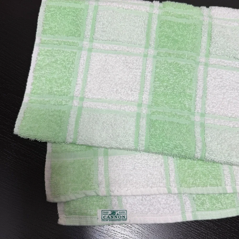 Cannon Mint Green White Plaid Vintage Bath Towel Made in USA Cotton Check Retro